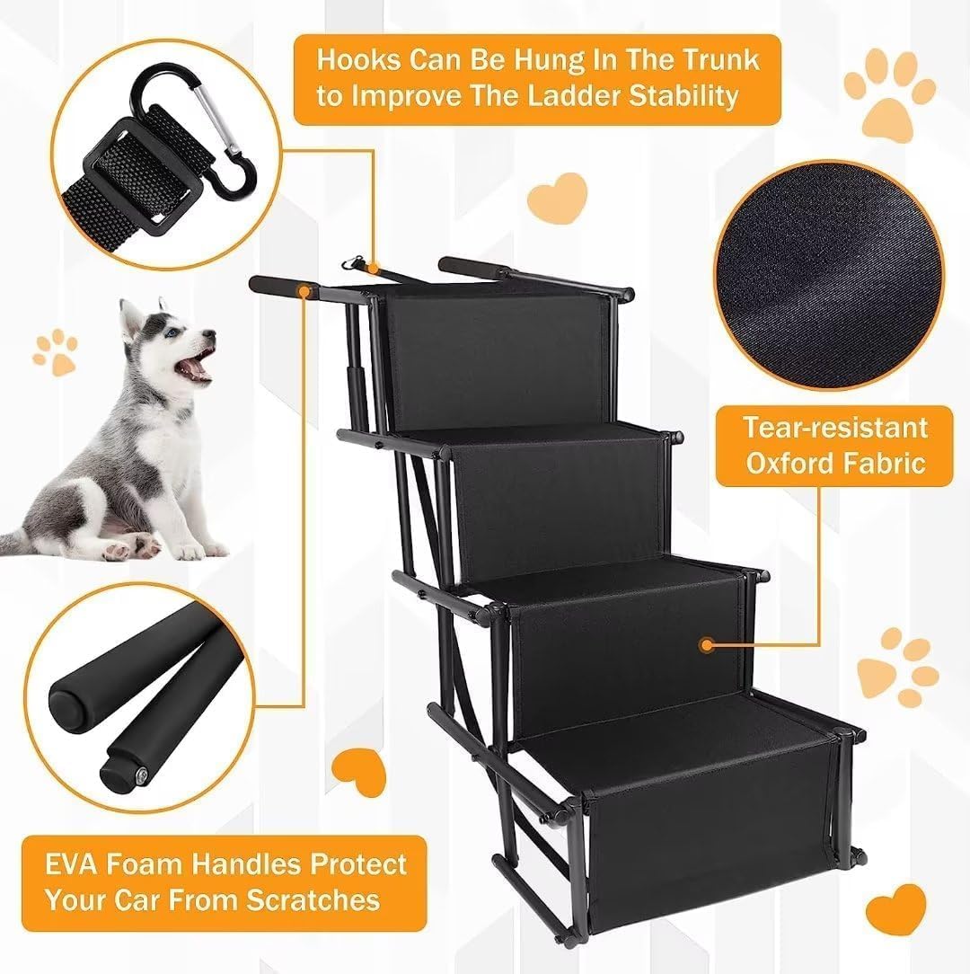 Foldable Dog Ramp Car Stairs Dog Ramps for Large Dogs Aluminum Frame 4 Steps Dogs Portable & Lightweight Pet Stairs Dog Stairs for Medium and Large Nonslip Pet Ramp for Cars Trucks and SUV
